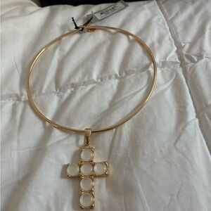 Gold Cross Pendant Necklace with White Stone Inlays